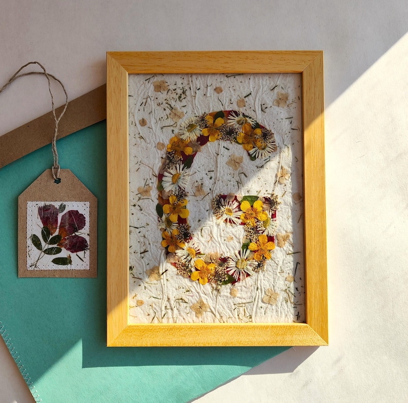 Pressed Floral Initial Art, Handmade Name Gift image 1