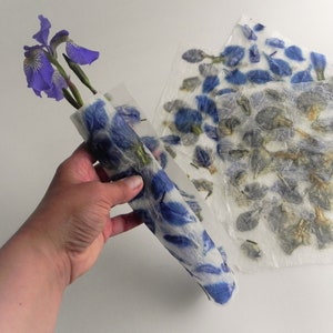 Blue handmade paper with iris flowers petals romantic floral DIY hand made paper image 9