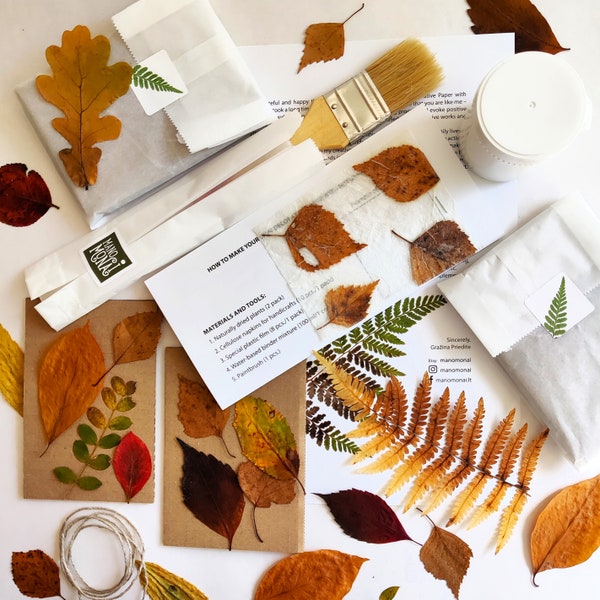 DIY craft kit for adults, papermaking kit with dried fall leaves, gift idea