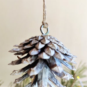 May include: A brown pine cone ornament with a silver metal loop and twine hanging from it. The pine cone is a natural material and has a rustic look.