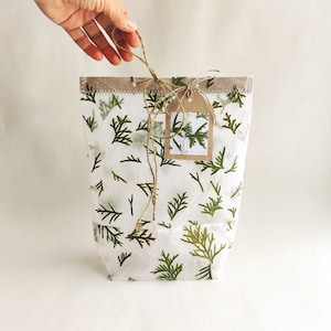 Sacola de presente verde floresta feita à mão, papel com folhagens reais, sacolas de lembrancinhas para ele