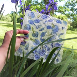 Blue handmade paper with iris flowers petals romantic floral DIY hand made paper image 10