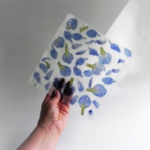 Blue handmade paper with iris flowers petals romantic floral DIY hand made paper 1 sheet
