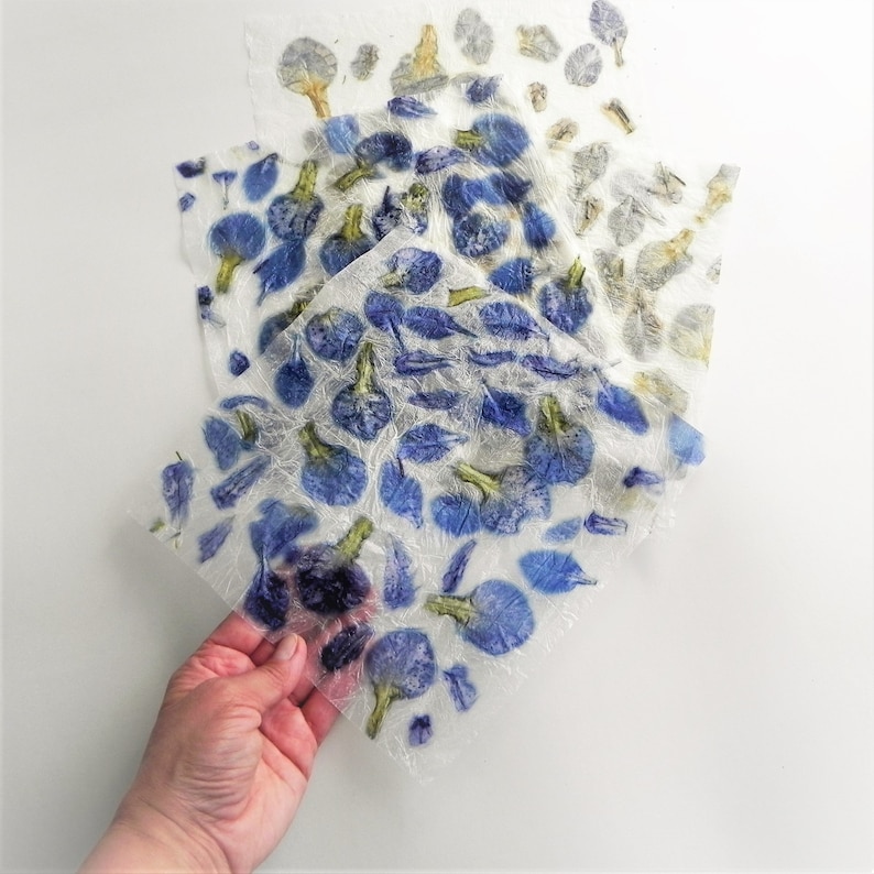 Blue handmade paper with iris flowers petals romantic floral DIY hand made paper image 3