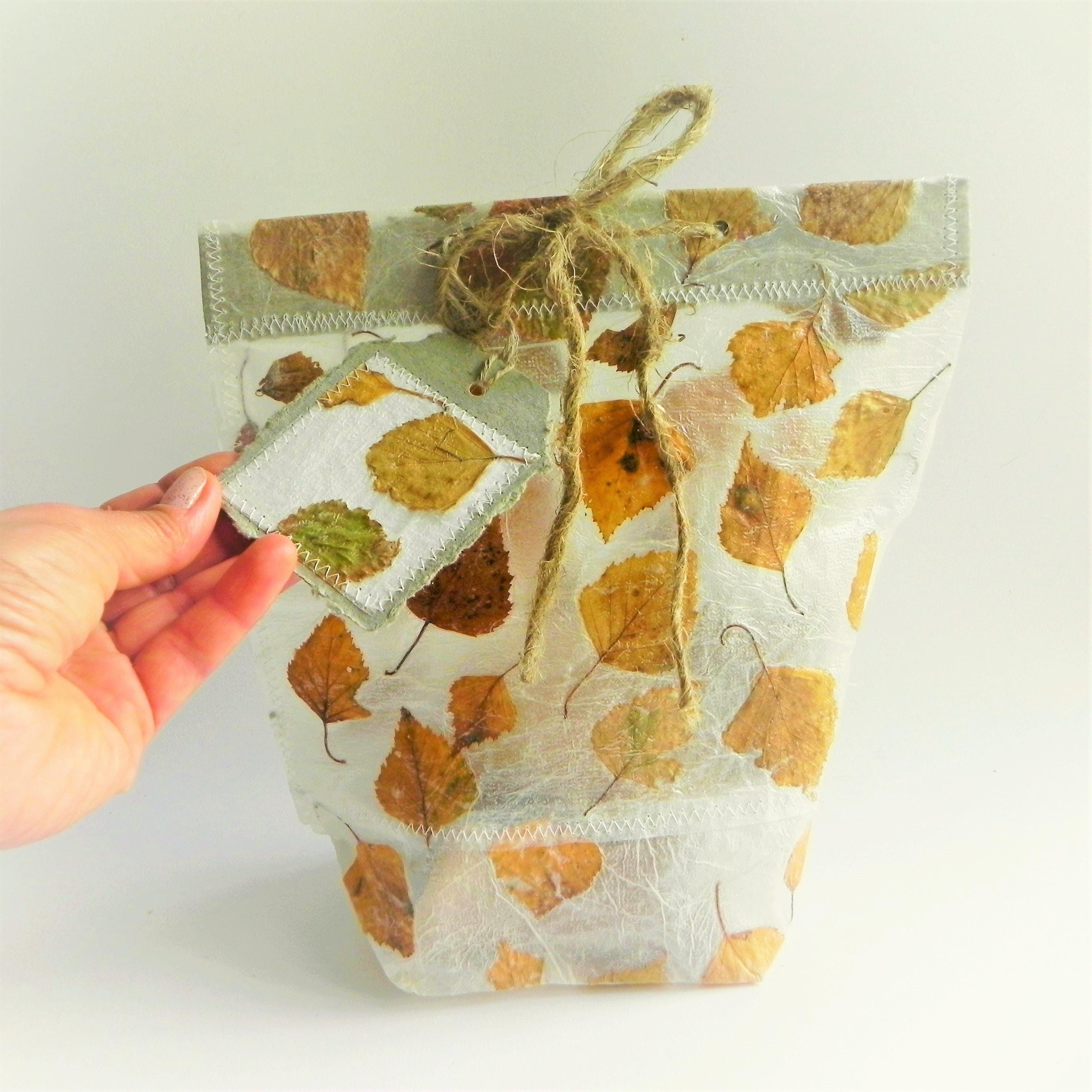 Gift wrapping bag decorated orange fall leaves from hand made Etsy