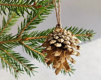 Pine Cone Christmas Tree Ornaments in gold set of 10 Real Pinecones Eco-friendly Handmade Decor