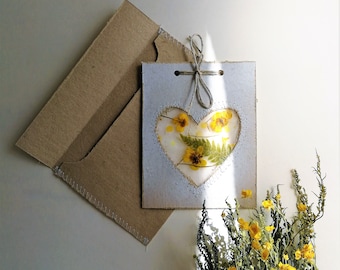 white heart card with real pressed yellow flowers handmade mothers day unique spring greeting card and envelope