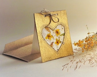 Hand made greeting card with dried yellow flowers, valentine day love heart rustic cards and envelopes