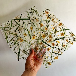 Handgeschöpftes Papier Set mit 2 botanischen Blättern, mit echten Wildblumen-Blütenblättern und Gras