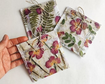 3 mini gift bags, handmade pressed roses flowers paper small favor bags