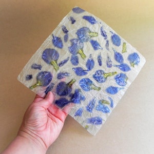Blue handmade paper with iris flowers petals romantic floral DIY hand made paper image 6