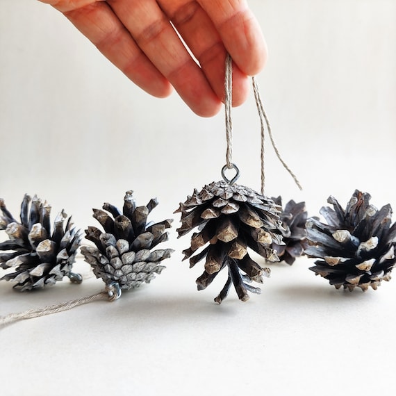 Winter ornaments 10psc, White real pinecones with string, Christmas pine cones, eco Wedding decor