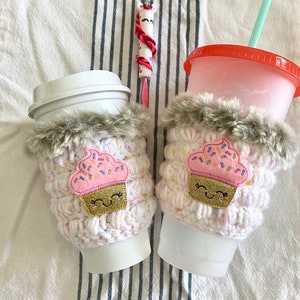 Cupcake coffee cozy, glittery pink cupcake crochet cozy