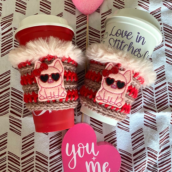 Valentine cozy, pig coffee cozy, heart sunglasses crochet valentines cozy