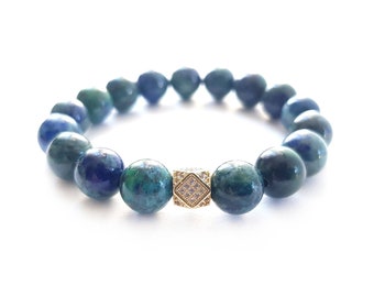 Chrysocolla bracelet - unisex bracelet with zirconia charm - Wellbeing bracelet - Natural lapis lazuli chrysocolla