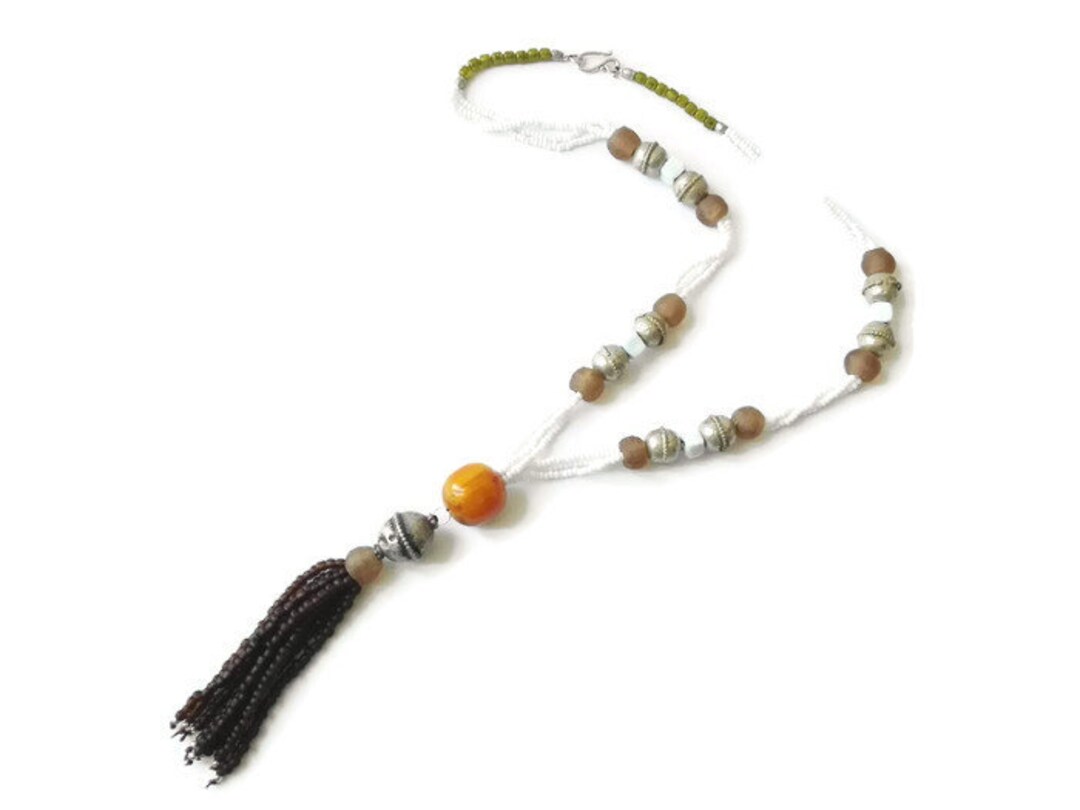 White Bead Long Necklace With Brown Tassel Etsy