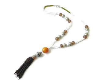 Collier Long Ancien En Perles De Verre Blanches Flammées - Style Vintage
