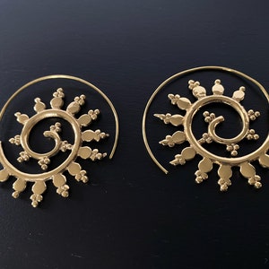 Brass hoop earrings, Spiral hoops, Boho earrings, Large hoops, Tribal hoops