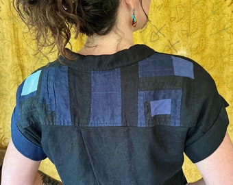 Linen Colorblock Layering Smock Top: Patchwork Reclaimed Natural Fibers, size M/L