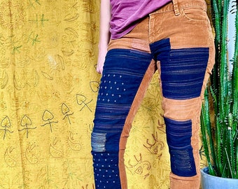 reworked corduroy pants, upcycled with colorblock patch visible mending