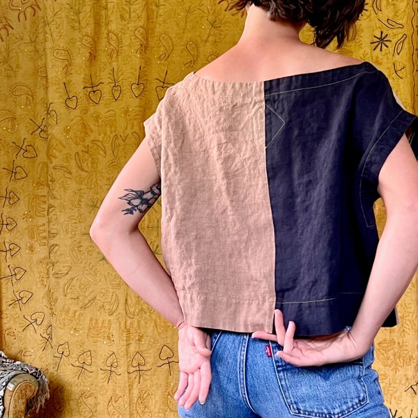 linen two-tone boxy crop top, Md/Lg, Soot & Clay made to order minimal slow fashion