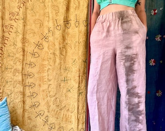 hand-dyed linen wide leg elastic pants, one of a kind slow fashion