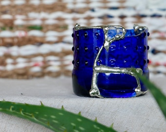 soldered blue glass planter cup, upcycled