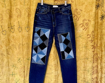 Half-Quarter Square Patched Cross-Over Jeans, 30" waist 100% cotton denim REWORK