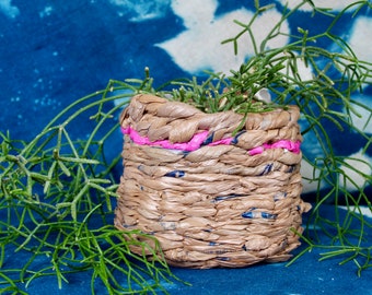 Upcycled Woven Plastic Basket, Tan & Pink, Plant Cup Cover