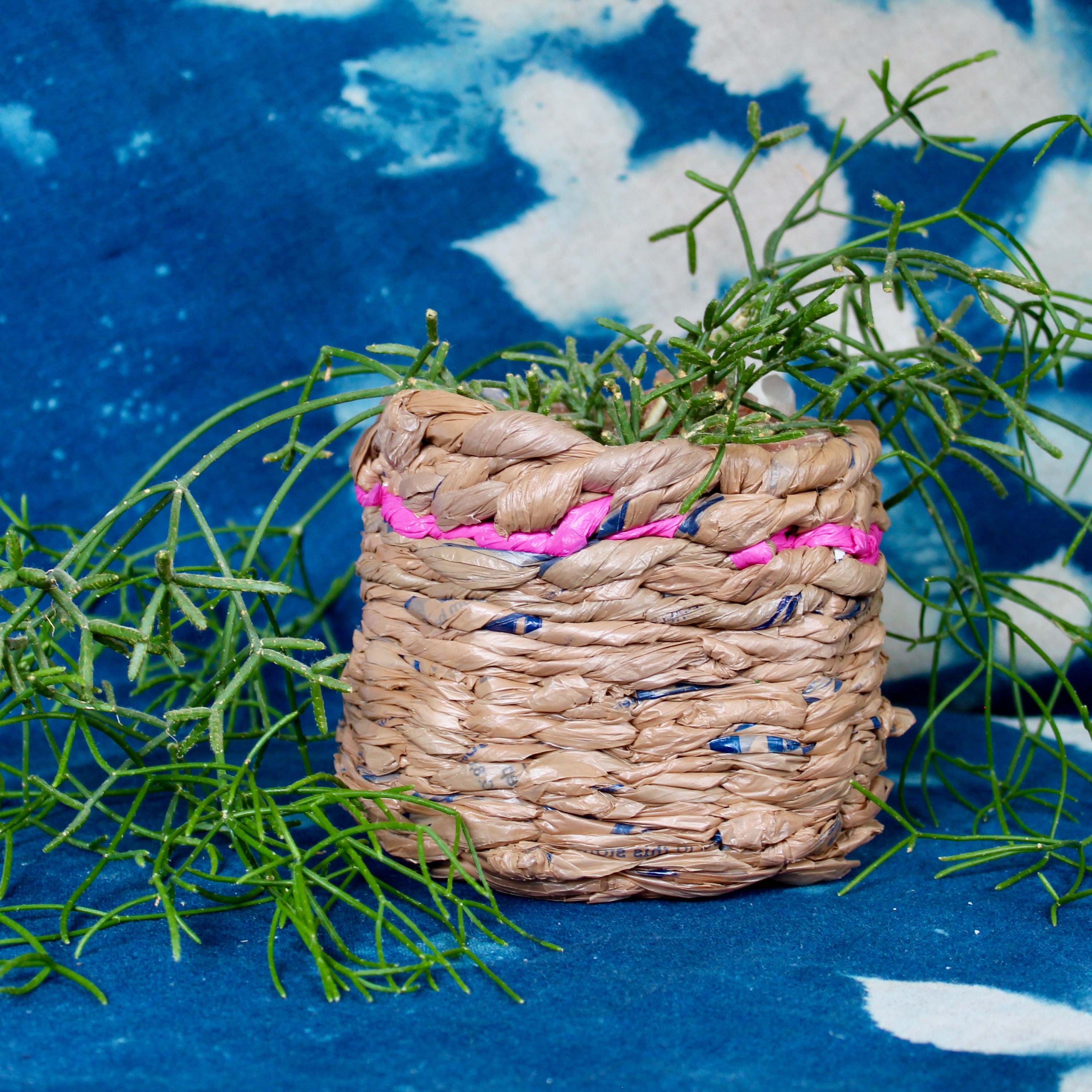 Upcycled Woven Plastic Basket, Tan & Pink, Plant Cup Cover