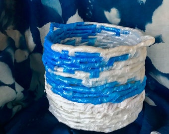 woven plastic basket, plant pot cover, upcycled