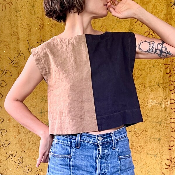 linen two-tone boxy crop top, XS Soot & Clay made to order minimal slow fashion