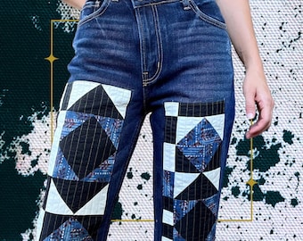Half-Quarter Square Quilted Cross-Over Jeans, 28" waist, 100% cotton denim REWORK