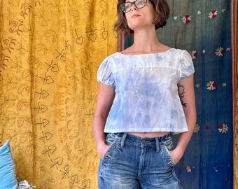 CLOUDY CROP. re-worked hand-dyed silk puff sleeve box crop, upcycled slow fashion small top