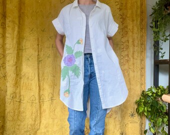 Picnic Bloom Overlay Smock: Salvaged Vintage Floral Applique Button-Up Shirt OOAK size S/M