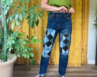 Half-Quarter Square Patched Cross-Over Jeans, 30" waist 100% cotton denim REWORK