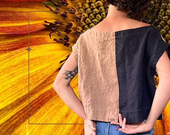 linen two-tone boxy crop top, Md/Lg - XL, Soot & Clay made to order minimal slow fashion