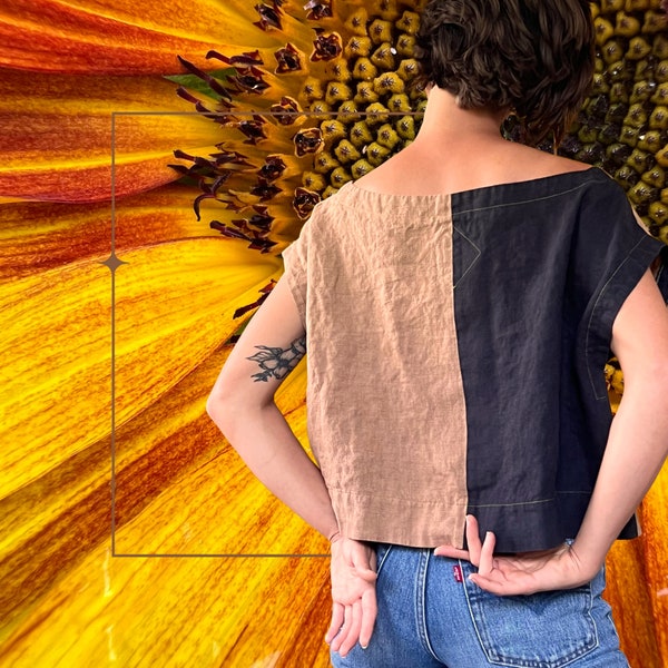 linen two-tone boxy crop top, Md/Lg - XL, Soot & Clay made to order minimal slow fashion