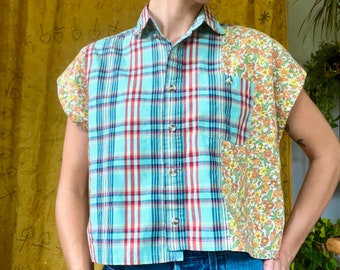 Buttonup Boxy Top SMALL, mix match flower plaid, OOAK upcycled rework
