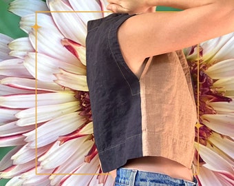linen two-tone boxy crop top, XS Soot & Clay made to order minimal slow fashion