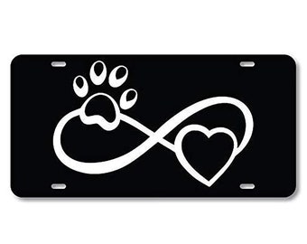 Paw Print Dog Cat White on Black Novelty Metal Vanity Tag License Plate