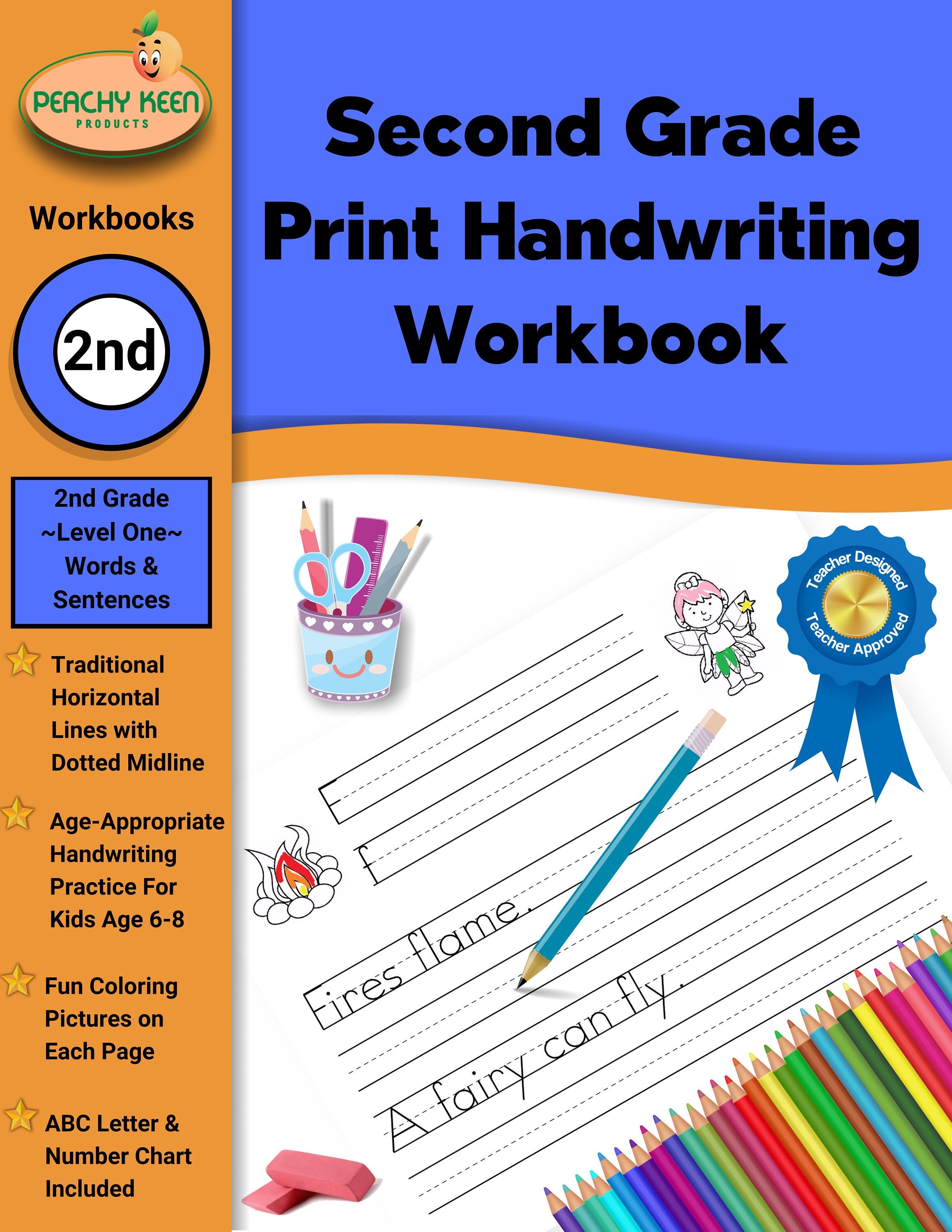 Second Grade Print Handwriting Workbook with Traditional Horizontal Lines  and Dotted Midline: Age-Appropriate Handwriting Practice For Kids Age 6-8  (Paperback)