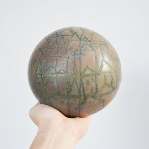 Vintage 1960s Northern European Studio Pottery Orb with Incised Abstract Medieval Urban Setting