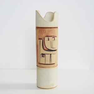 Vintage 1970s Earthy Brutalist Bas-Relief Slab-Built Studio Pottery Cylinder Vase, Britain