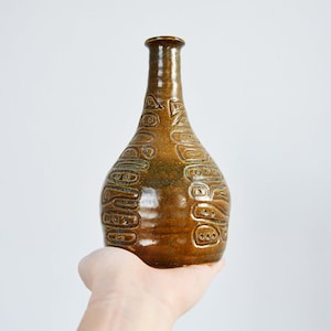 Vintage 1960s Studio Pottery Bud Vase with Carved Design, Signed