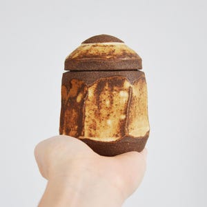 Op de afbeelding: Een kleine, keramische pot met een deksel. De pot is bruin en wit met een gemarmerd, getextureerd oppervlak.