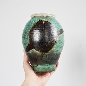 Vintage 1980s Postmodern Studio Pottery Raku Vase with Abstract Brushwork