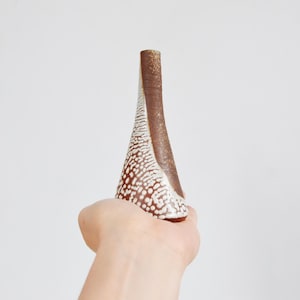 May include: A tall, slender ceramic vase with a tapered neck and a wide base. The surface features a distinct contrast between a smooth, dark brown unglazed section and a textured, white-speckled glaze that covers the remainder of the exterior.