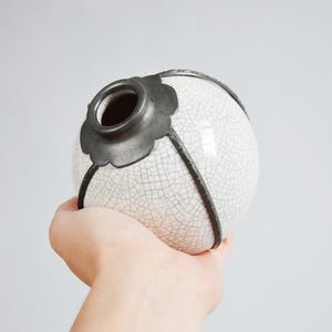 Può includere: Un vaso in ceramica bianca con un motivo a craquelé e dettagli in metallo scuro. Il vaso ha una forma rotonda con una parte superiore decorativa ed è tenuto in mano su uno sfondo grigio chiaro.