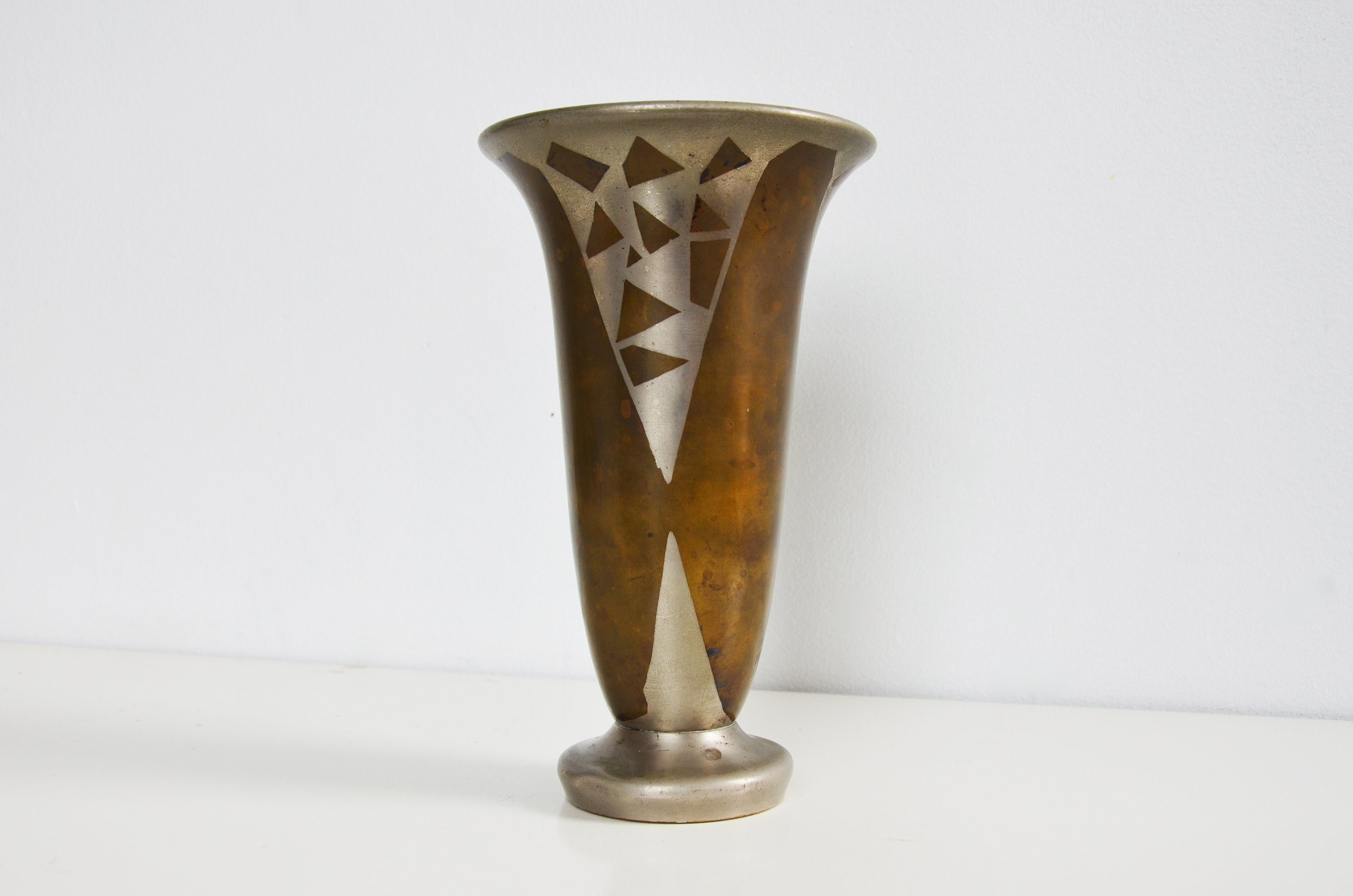 Vintage 1920S Jacques Douau French Art Deco Silver & Brass Dinanderie Vase